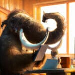 Mastodon scrolling through social media in an office, digital art