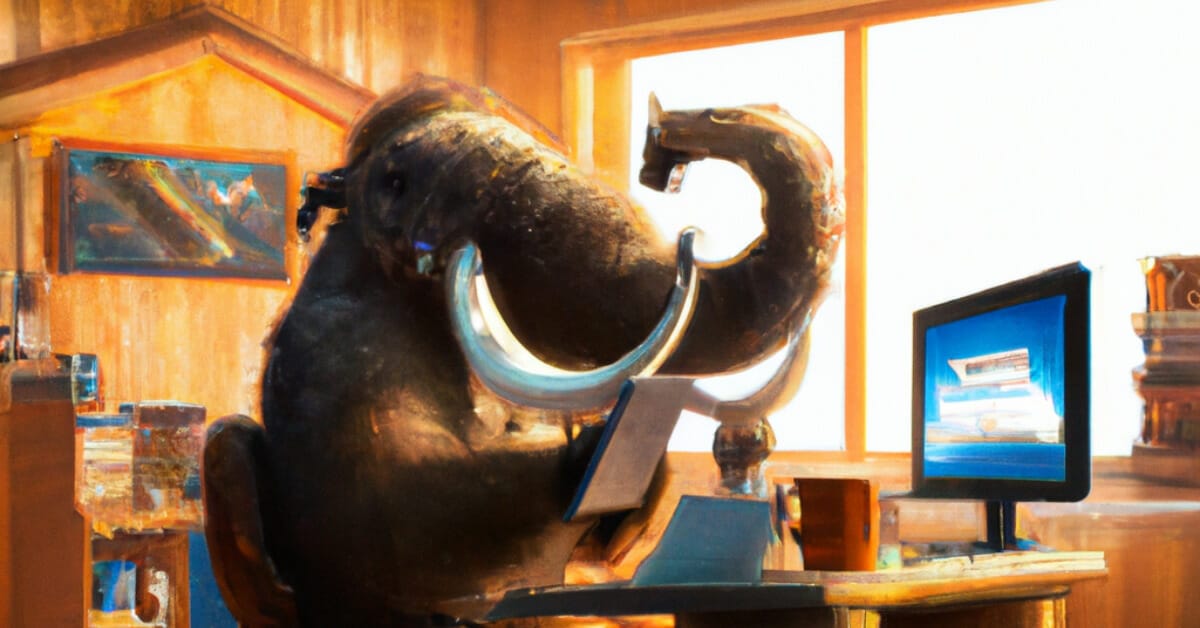 Mastodon scrolling through social media in an office, digital art