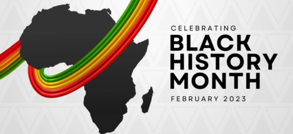 Black History Month banner on a gray background, black silhouette of Africa with a green, gold and red band going across