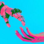 Pink and blue robot hand reaching out to a human hand