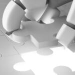 Robot hand putting the last piece of jigsaw puzzle to complete work in business concept and artificial intelligence in futuristic digital technology concept. 3d illustration