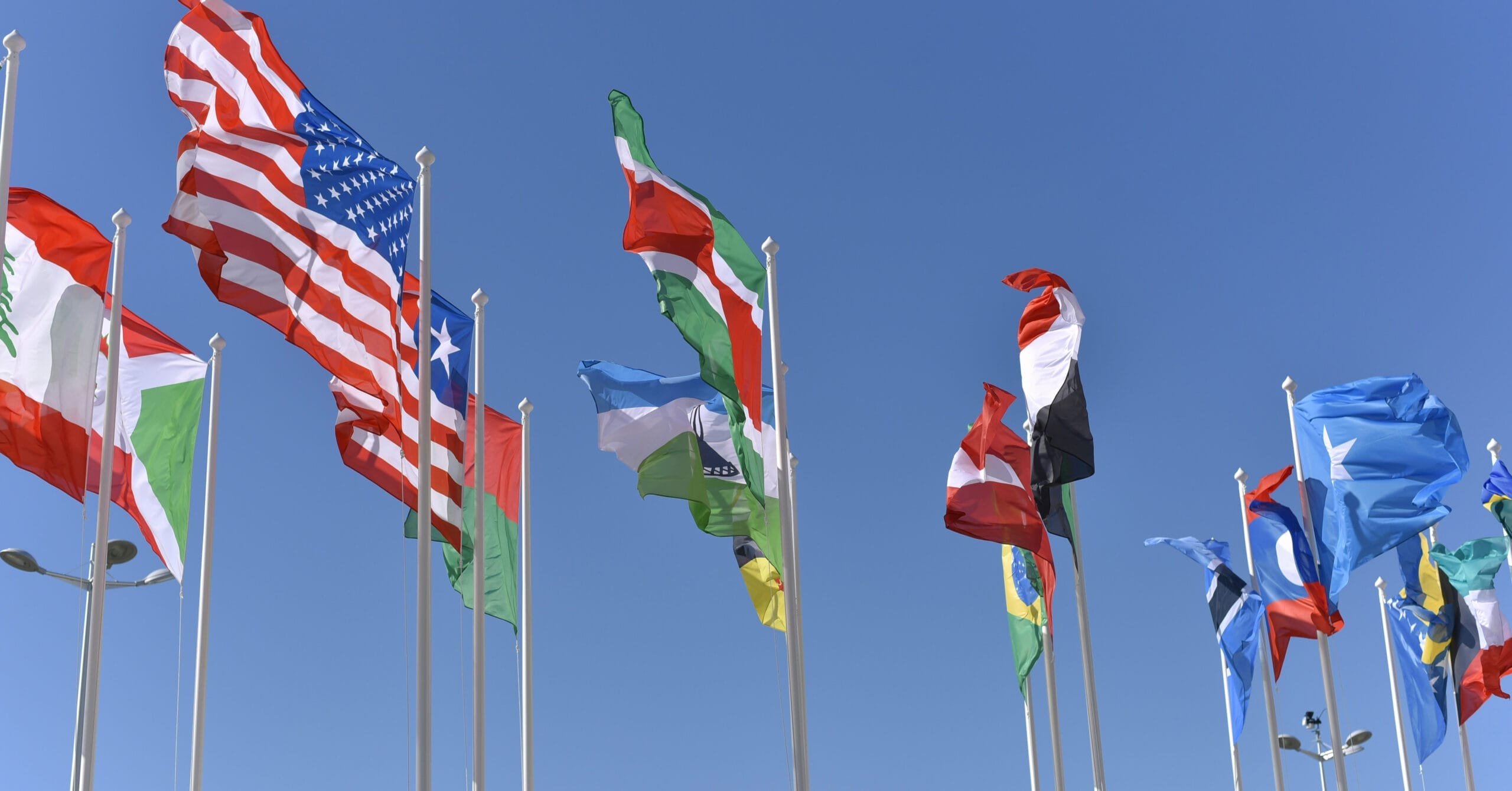 Flags from countries around the world in front of a blue sky background
