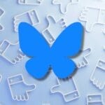 BlueSky social media platform logo and background with Like button thumbs up logos