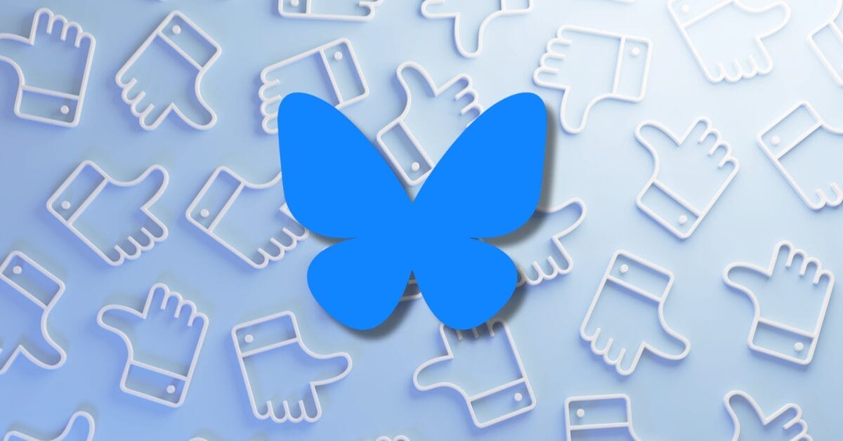 BlueSky social media platform logo and background with Like button thumbs up logos